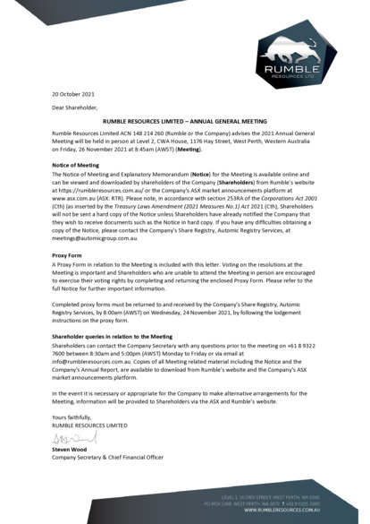 ASX:RTR - Letter to Shareholders