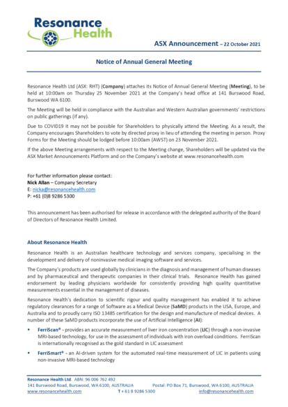 ASX:RHT - Notice of Annual General Meeting/Proxy Form