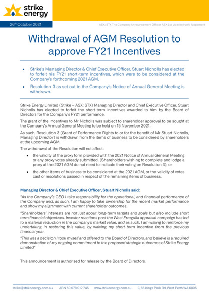 ASX:STX - Withdrawal of resolution and forfeit of incentives