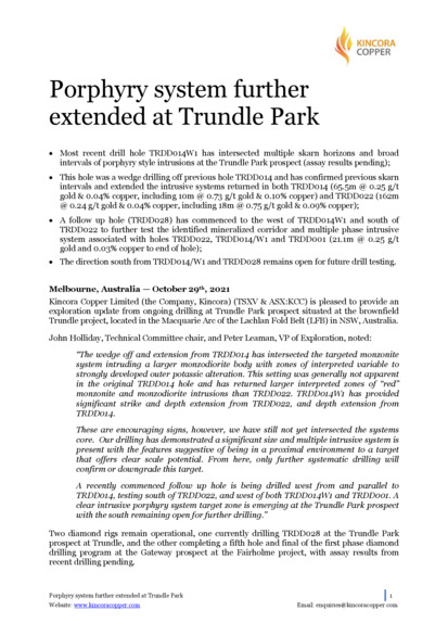 ASX:REE - KCC: Porphyry system further extended at Trundle Park
