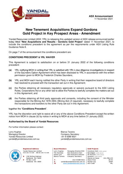 ASX:YRL - New Acquisitions and Results - Gordons Gold Project Amended