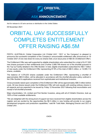 ASX:OEC - OEC successfully completes entitlement offer raising A$6.5M