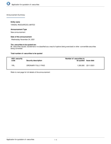 ASX:YRL - Application for quotation of securities - YRL