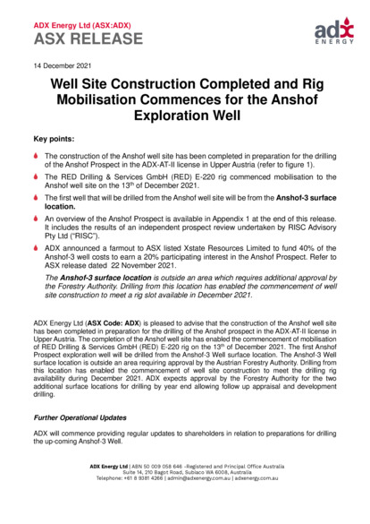 ASX:ADX - Well Site Construction Complete & Rig Mobilisation Commences