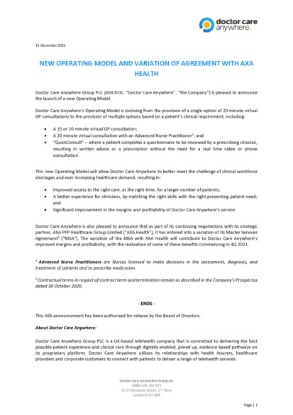 ASX:DOC - New Operating Model & Variation of Agreement with AXA Health
