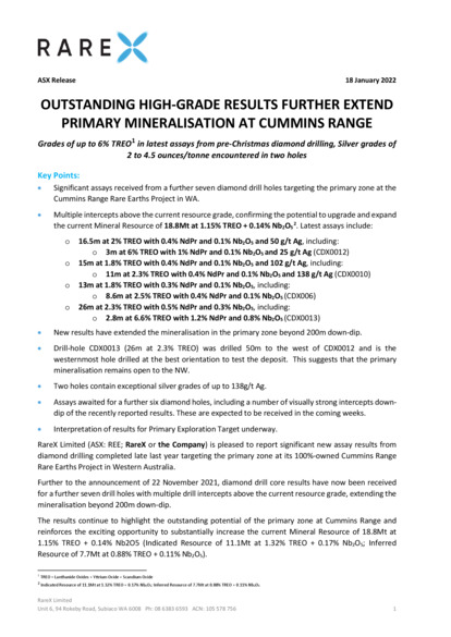 ASX:REE - Outstanding High-Grade Results Extend Primary Mineralisation