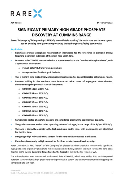 ASX:REE - SIGNIFICANT PRIMARY HIGH-GRADE PHOSPHATE DISCOVERY