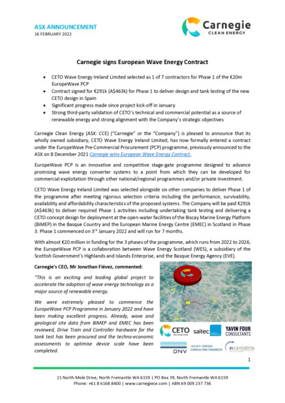 ASX:CCE - Carnegie Signs European Wave Energy Contract