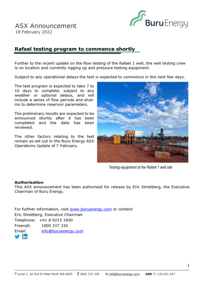 ASX:BRU - Rafael testing program to commence shortly
