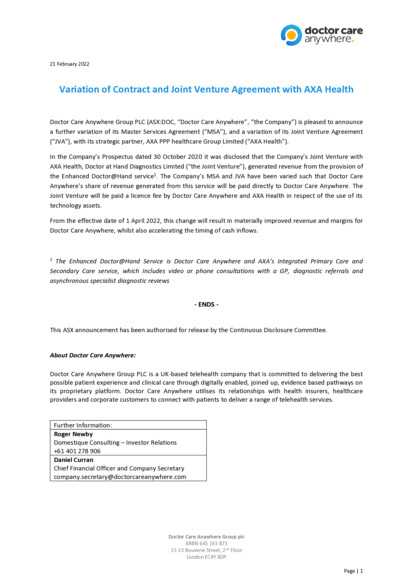ASX:DOC - Variation of Contract & Joint Venture Agreement AXA Health