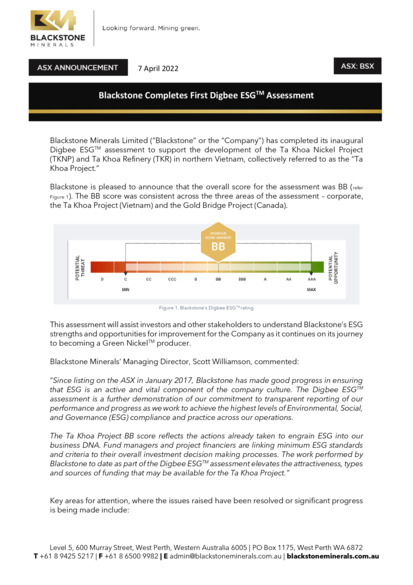 ASX:BSX - Blackstone Completes First Digbee ESG Assessment
