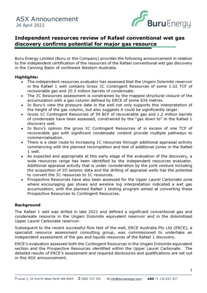 ASX:BRU - Rafael resources report confirms major gas potential