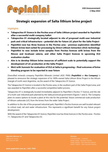 ASX:PNN - Strategic Expansion of Salta lithium brine project