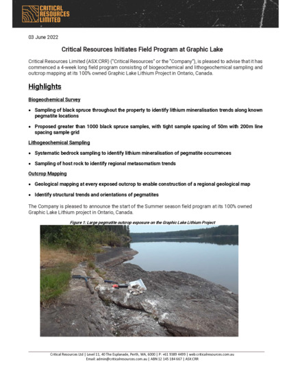 ASX:CRR - Graphic Lake Field Program Initiated