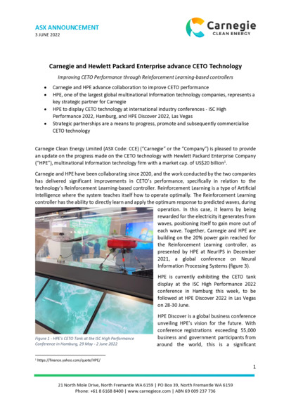 ASX:CCE - Carnegie and Hewlett Packard Enterprise advance CETO Tech