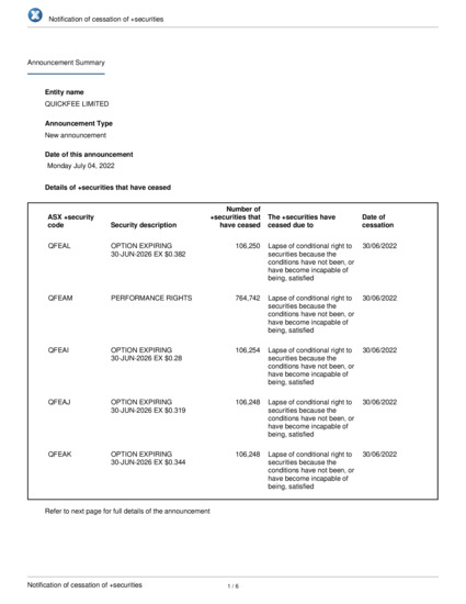 ASX:QFE - Notification of cessation of securities - QFE