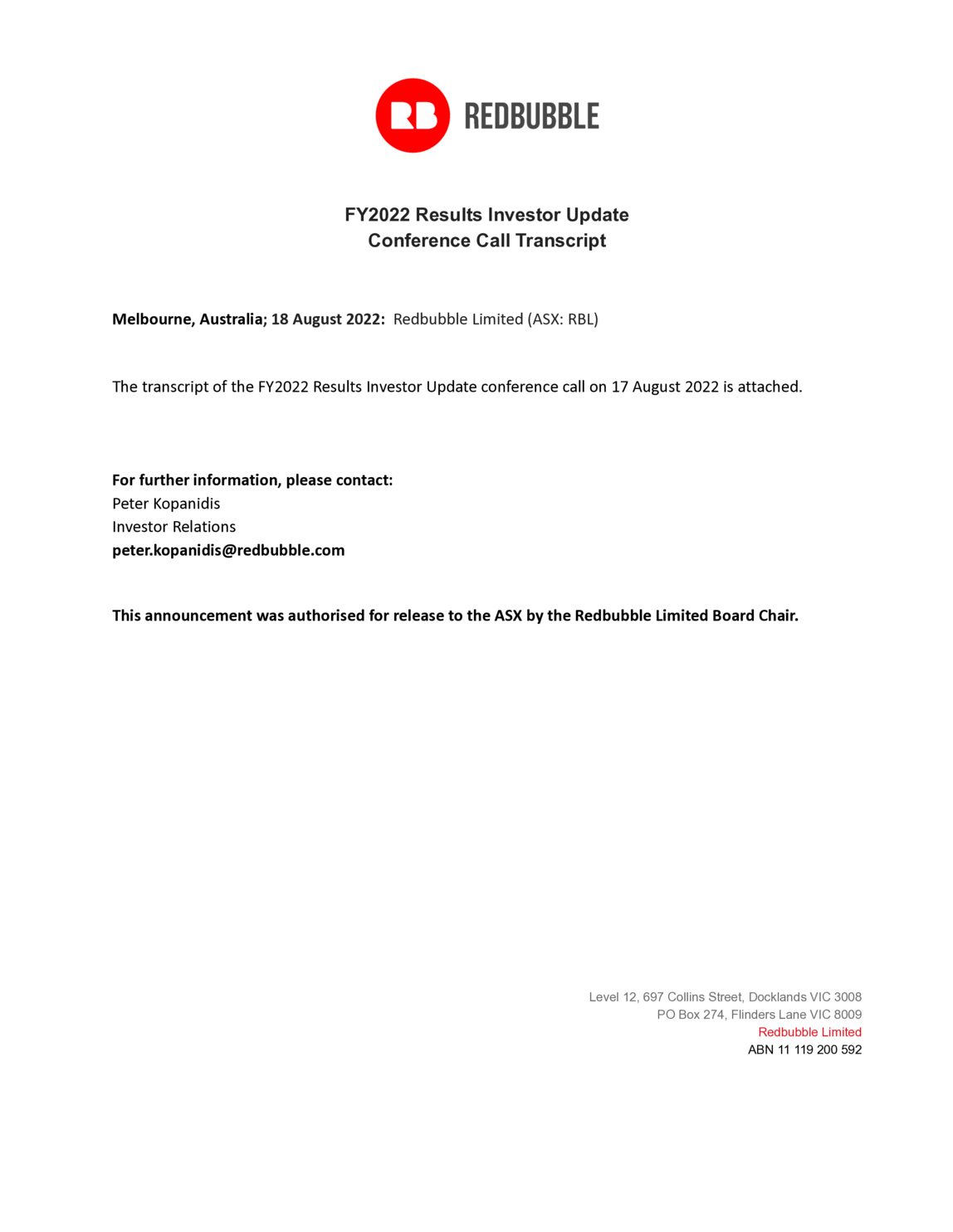 ASX:ATG - FY2022 Results Investor Update - Conference Call Transcript