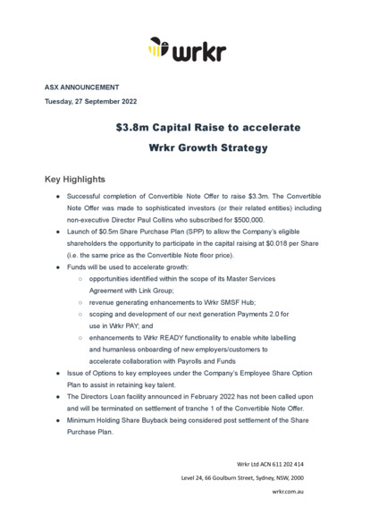ASX:WRK - Capital Raise to accelerate Wrkr Growth Strategy