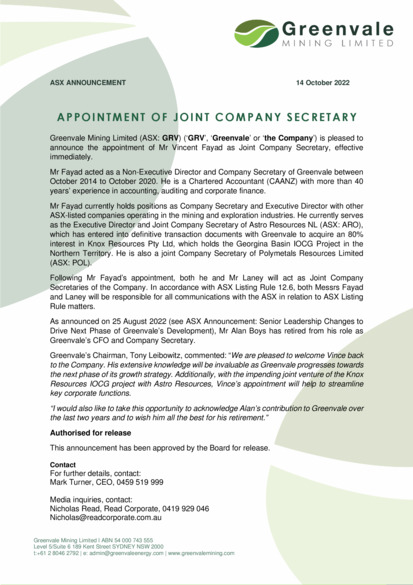 ASX:GRV - Appointment of Joint Company Secretary