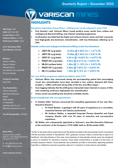 ASX:VAR - December Quarter Activities Report and Appendix 5b