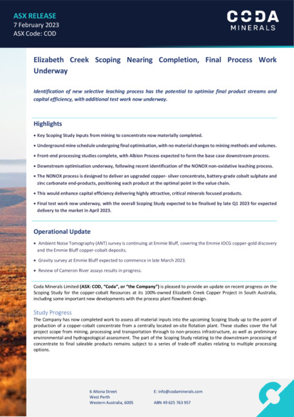 ASX:COD - Elizabeth Creek Scoping Nearing Completion