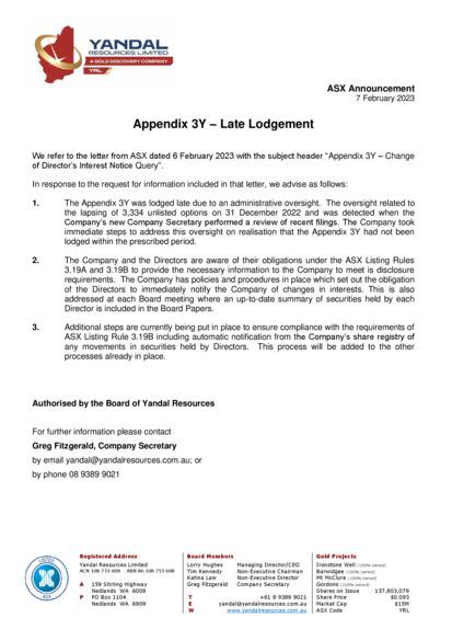 ASX:YRL - Response to ASX 3Y Query