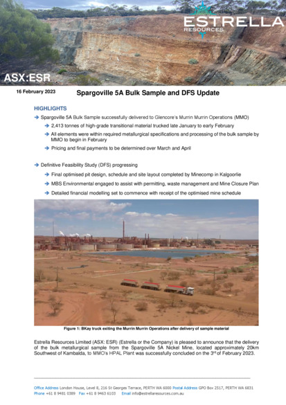 ASX:ESR - Spargoville 5A Bulk Sample and DFS Update
