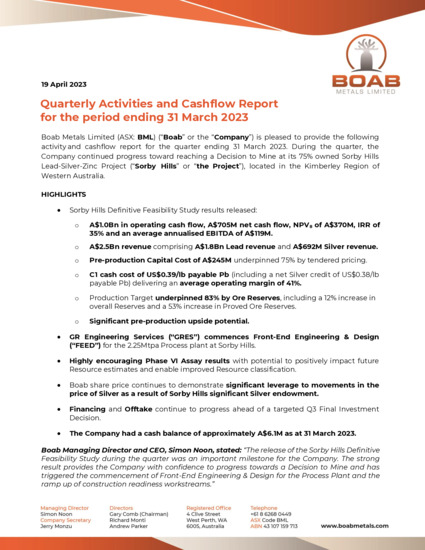 ASX:BML - Quarterly Activities and Cashflow Report