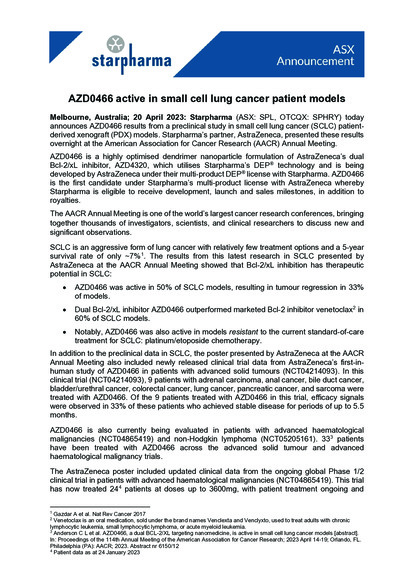 ASX:SPL - AZD0466 active in small cell lung cancer patient models