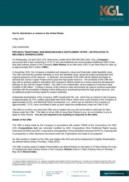 ASX:KGL - Entitlement Offer - Letter to Ineligible Shareholders