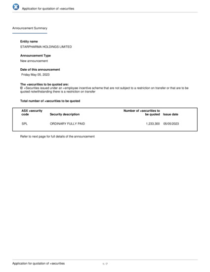 ASX:SPL - Application for quotation of securities - SPL