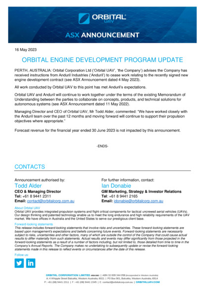 ASX:OEC - Orbital Engine Development Program Update