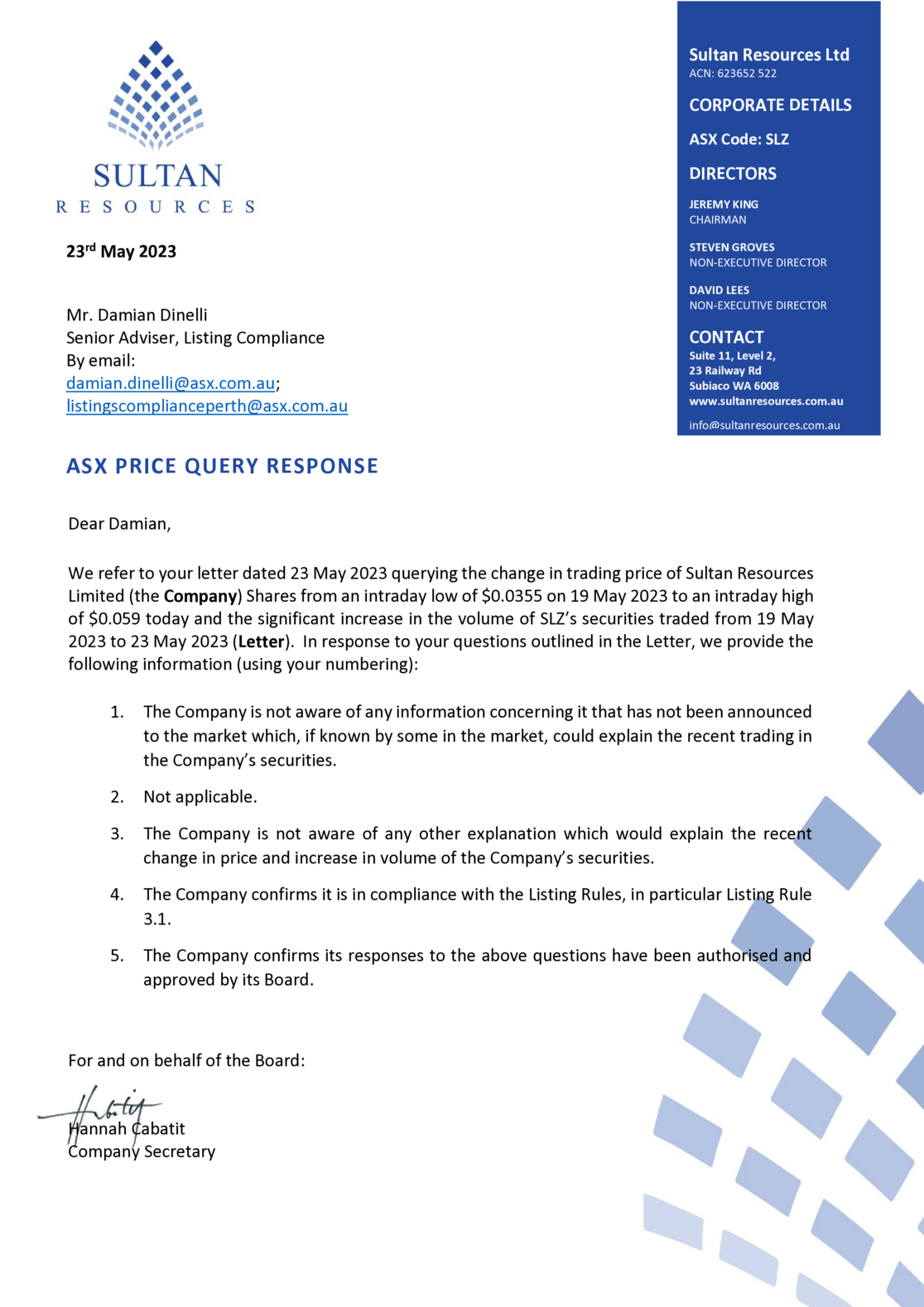 ASX:SLZ - Response to ASX Price Query