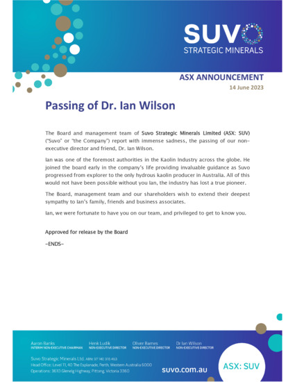 ASX:GT3 - Passing of Dr. Ian Wilson