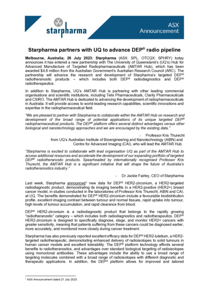 ASX:SPL - Starpharma partners with UQ to advance DEP radio pipeline