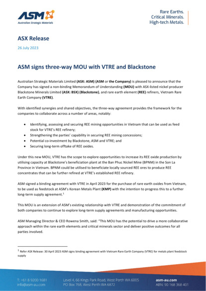 ASX:BSX - ASM: ASM signs three-way MOU with VTRE and Blackstone