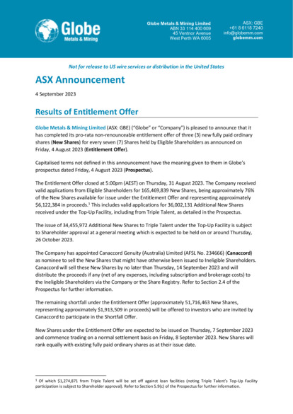 ASX:GBE - Results of Entitlement Offer