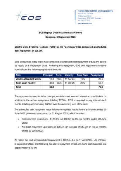 ASX:EOS - EOS Repays Debt Instalment as Planned