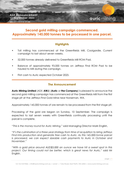 ASX:AWJ - Second Gold Milling Campaign Commenced