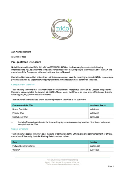 ASX:NDO - Pre-Quotation Disclosure Letter