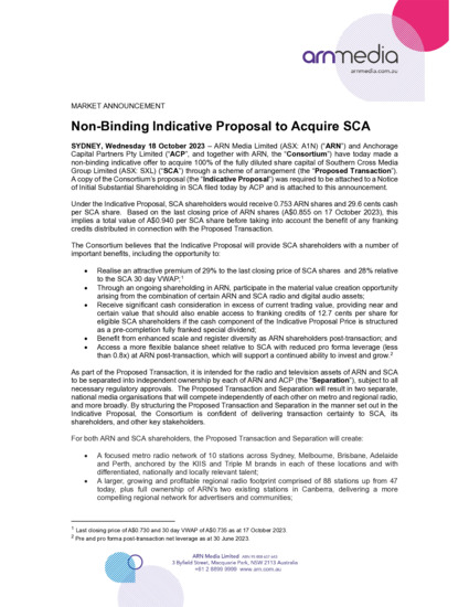ASX:A1N - Non-Binding Indicative Proposal to Acquire SCA