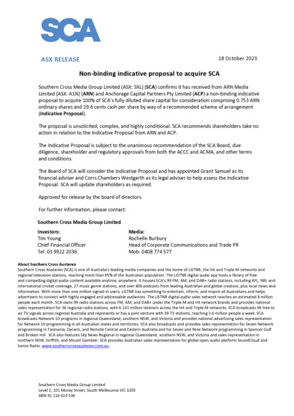 ASX:A1N - SXL: Non-binding indicative proposal to acquire SCA