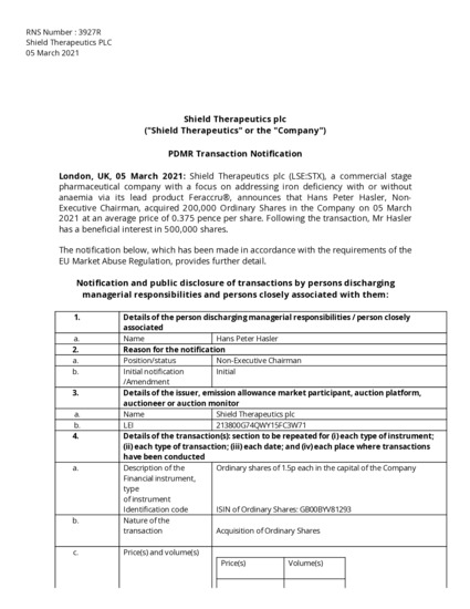 LSE:STX - Shield Therapeutics - PDMR Transaction Notification