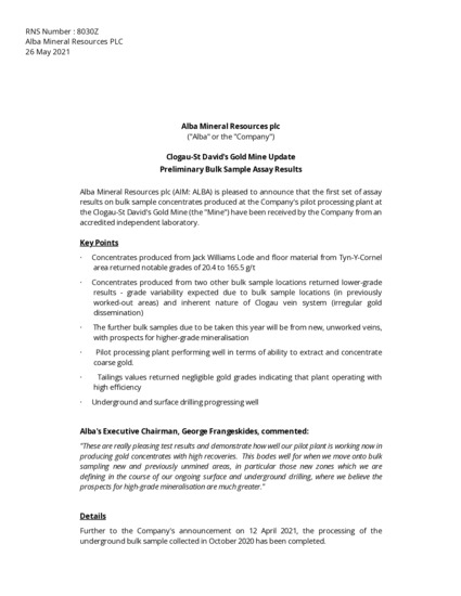 LSE:ALBA - Alba Min Res PLC - Clogau Update Preliminary Bulk Sample ...