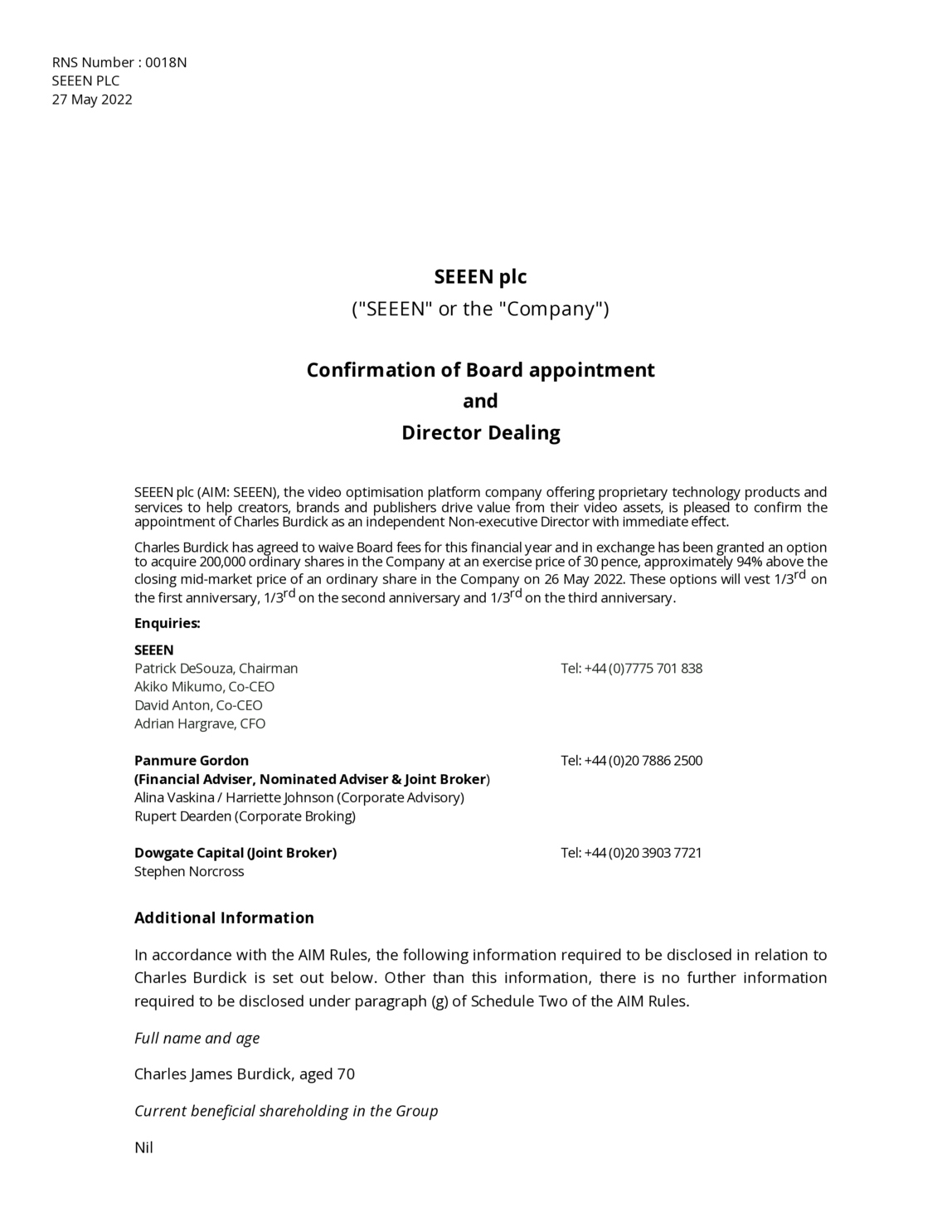 LSE:SEEN - SEEEN PLC - Board Appointment Confirmation