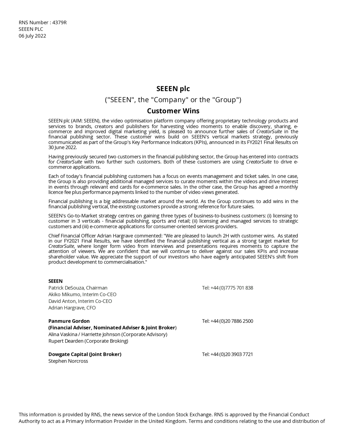 LSE:SEEN - SEEEN PLC - Customer Wins