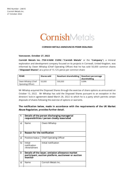 LSE:TIN - Cornish Metals Inc. - CORNISH METALS ANNOUNCES PDMR DEALINGS