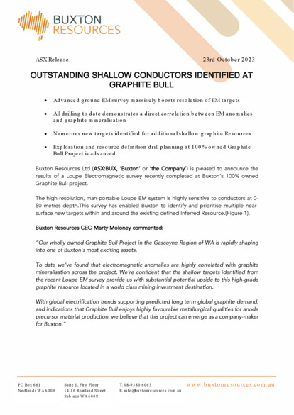 ASX:BUX - Outstanding shallow conductors identified at Graphite Bull