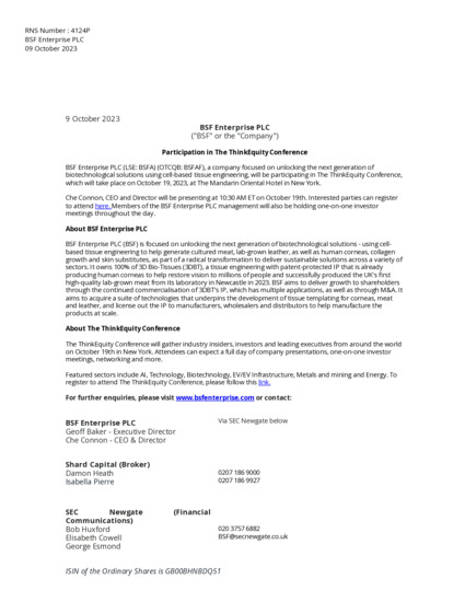 LSE:BSFA - BSF Enterprise PLC - Participation in The ThinkEquity Conference