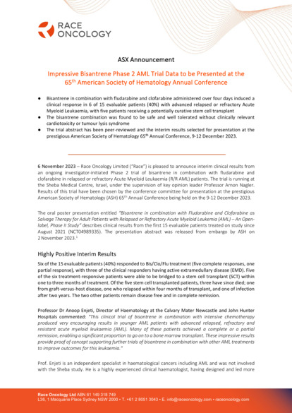 ASX:RAC - Impressive Bisantrene Phase 2 AML Clinical Results
